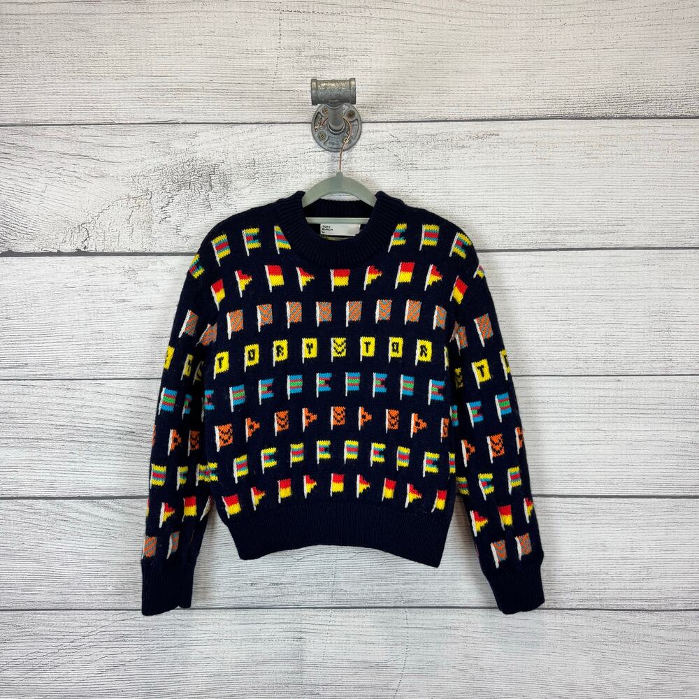 Tory Burch Women's Navy Colorful Flag Wool Blend Sweater Size XS